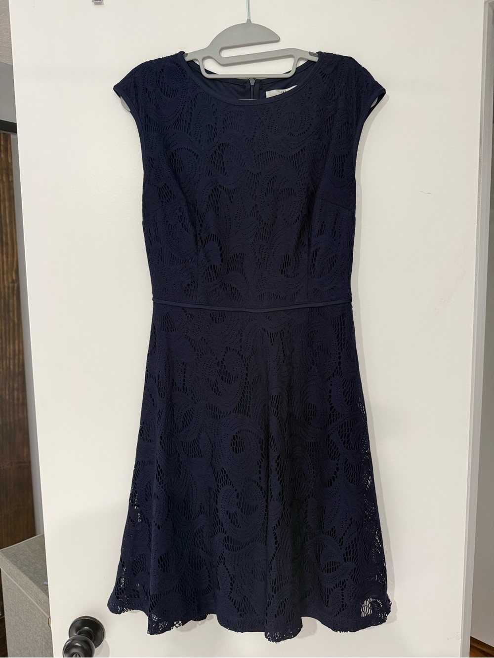 Navy Lace Cap-Sleeve Fit & Flare Dress